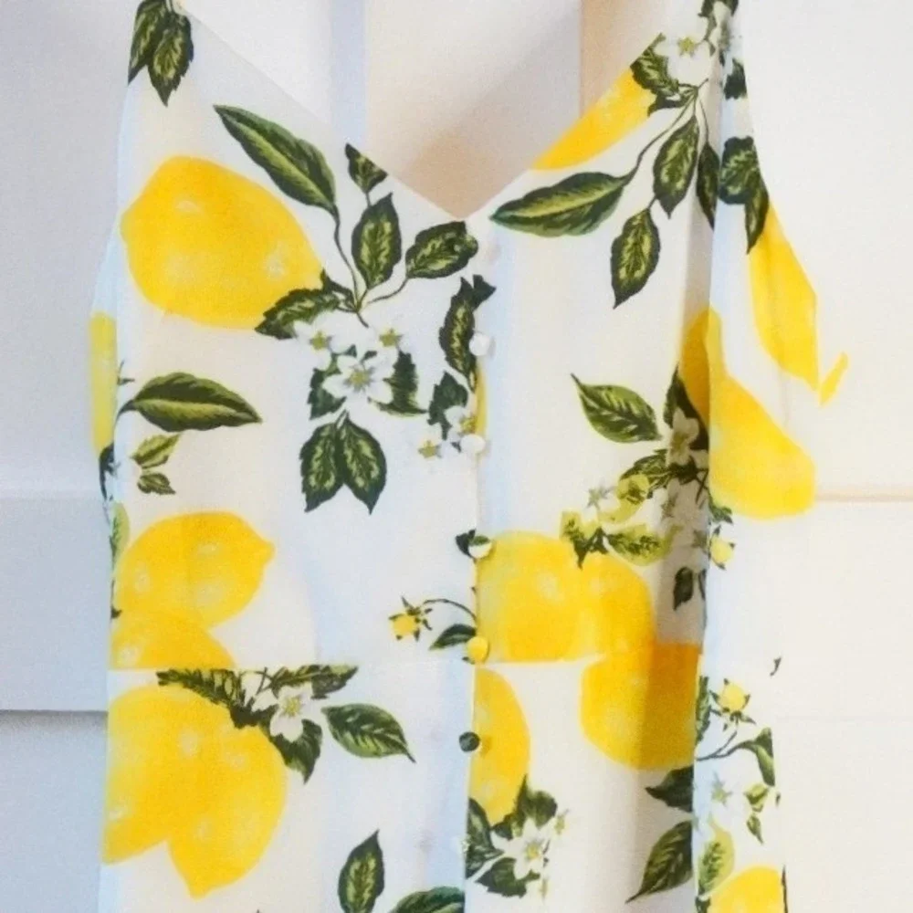 NWT, Lulus, Afternoon Air Yellow Lemon Print High-Low Ruffle Midi Dress Size M‎